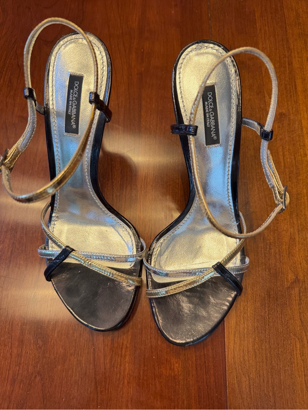 VINTAGE Dolce & Gabbana Gold and Black Strappy Slingback Heels